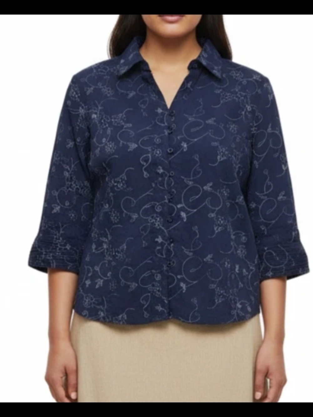 Dressbarn Navy Floral Seersucker Button Down Shirt